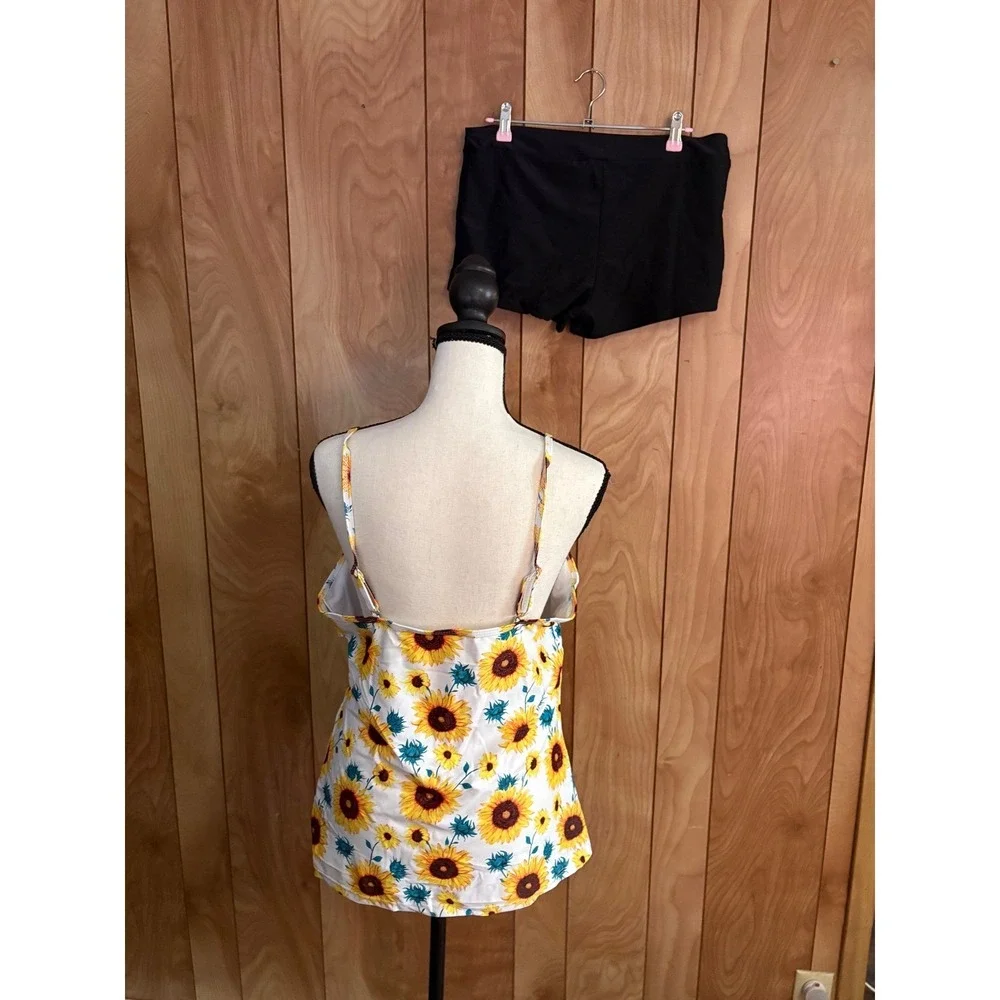 Sunflower Print Ruffle Tankini Set with Black Boy‎ Shorts 2XL Floral Swimsuit